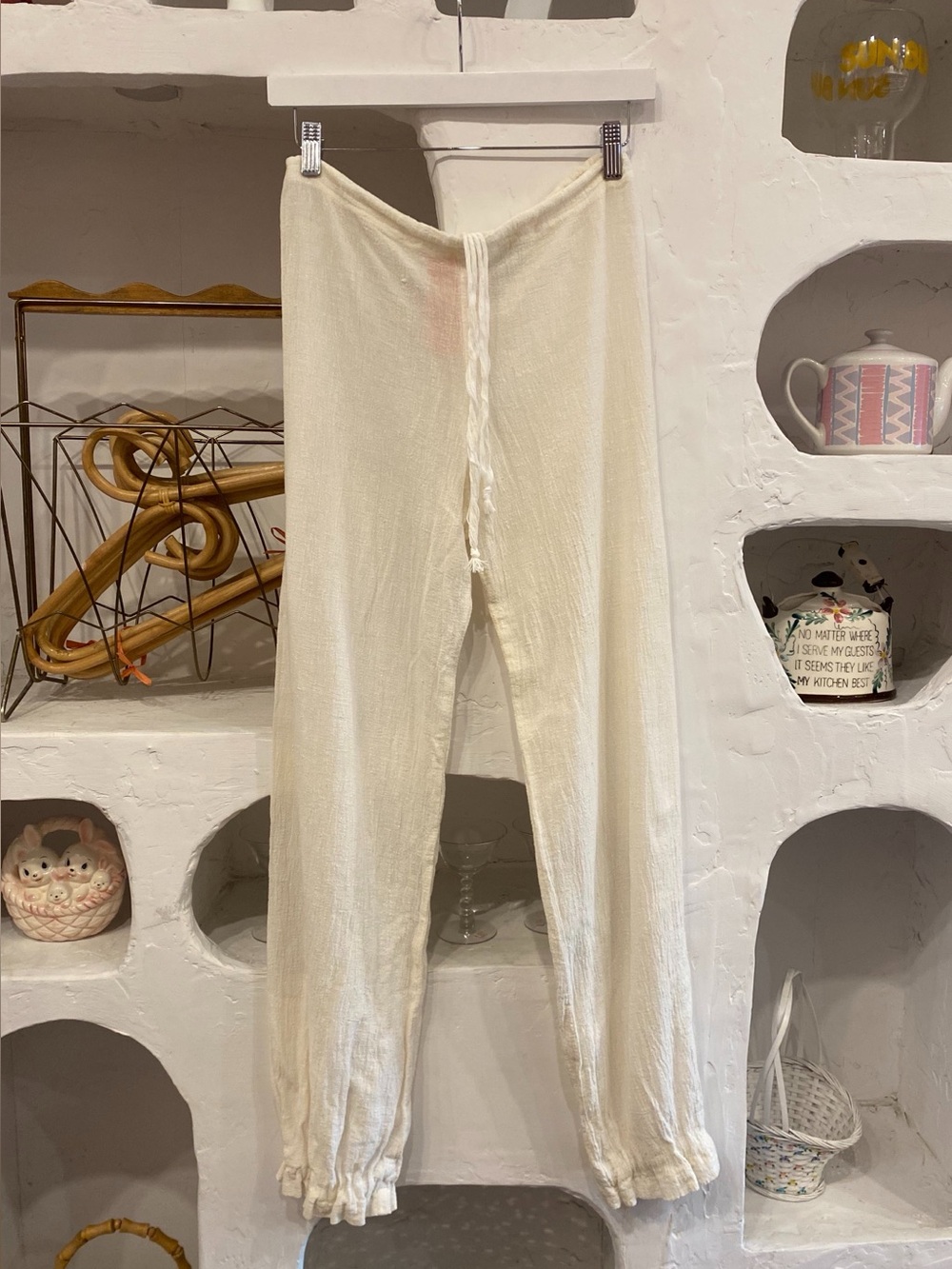 Vintage White Cotton High Rise Drawstring Lounge Bloomers with Cinched Ankle